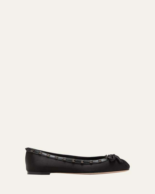 Rockstud Satin Bow Ballerina Flats