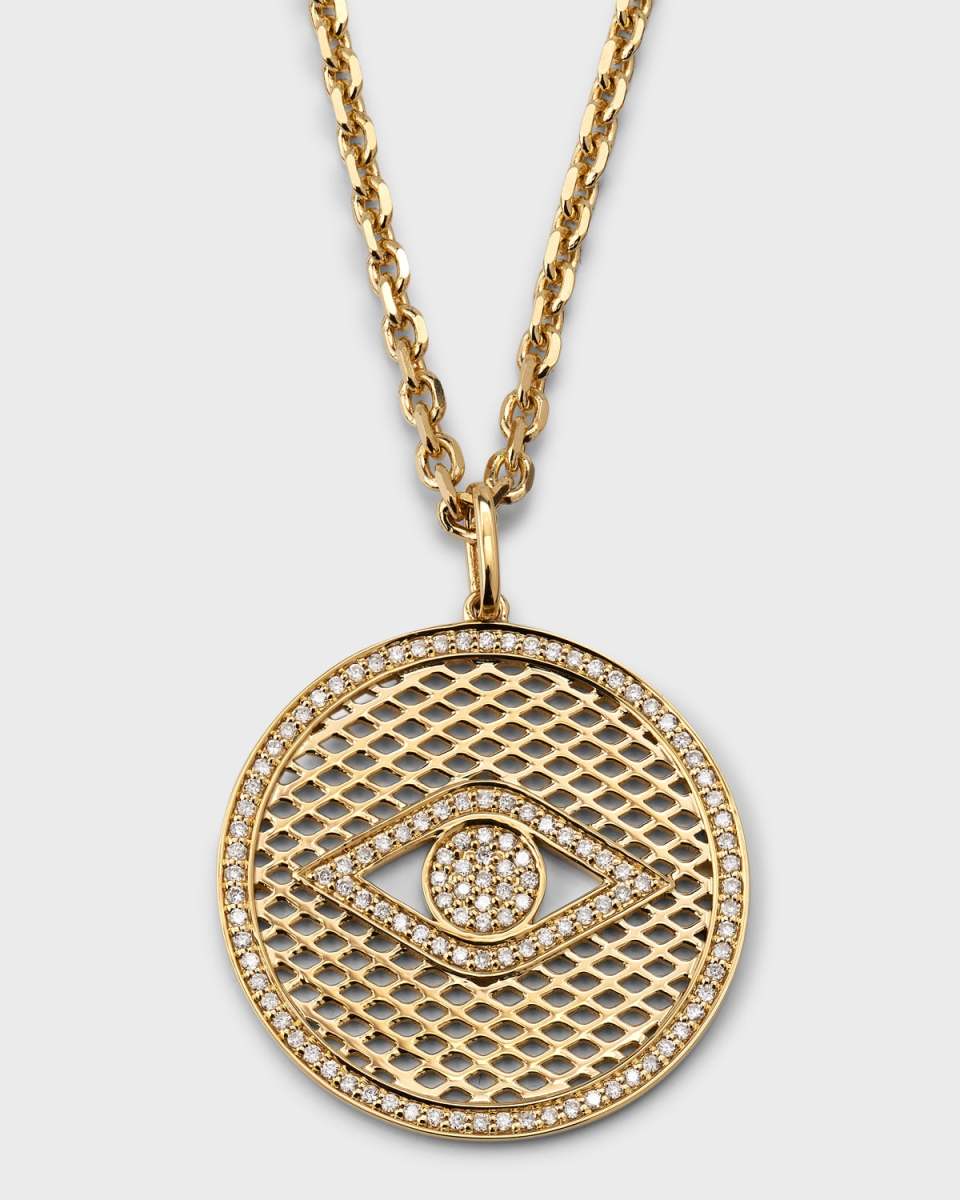 14k Diamond Evil Eye Lattice Disc Charm Necklace