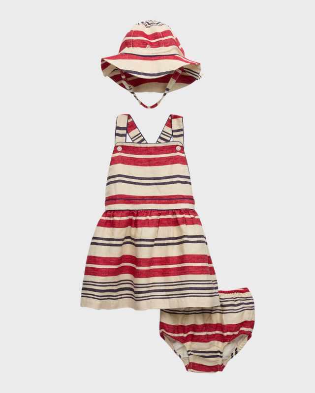 Girl's Striped Linen Dress, Hat and Bloomers Set, Size 9M-