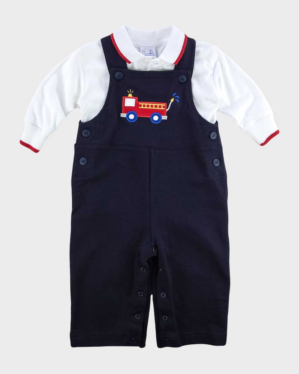 Boy's Fire Truck French Terry Jumpsuit W/ Polo Shirt, Size 6M-24