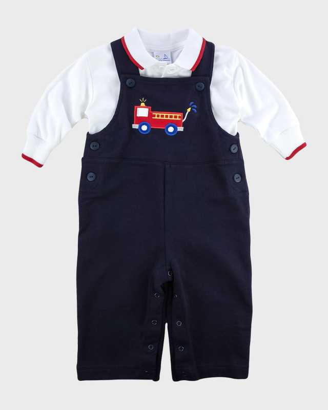 Boy's Fire Truck French Terry Jumpsuit W/ Polo Shirt, Size 6M-24