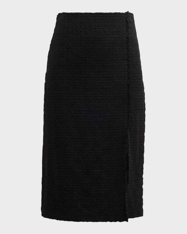 Fringed Italian Textured Tweed Wrap Midi Skirt