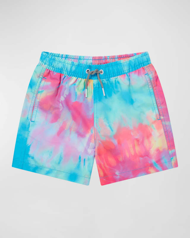 Boy's Spiral Tie Dye-Print Swim Trunks, Size 1-
