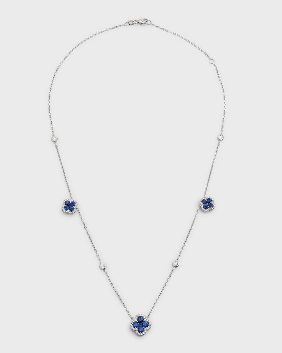 18K White Gold Blue Sapphire Flower and Diamond Station Necklace, 18"L, 3.38tcw
