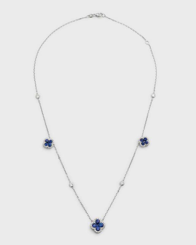 18K White Gold Blue Sapphire Flower and Diamond Station Necklace, 18"L, 3.38tcw