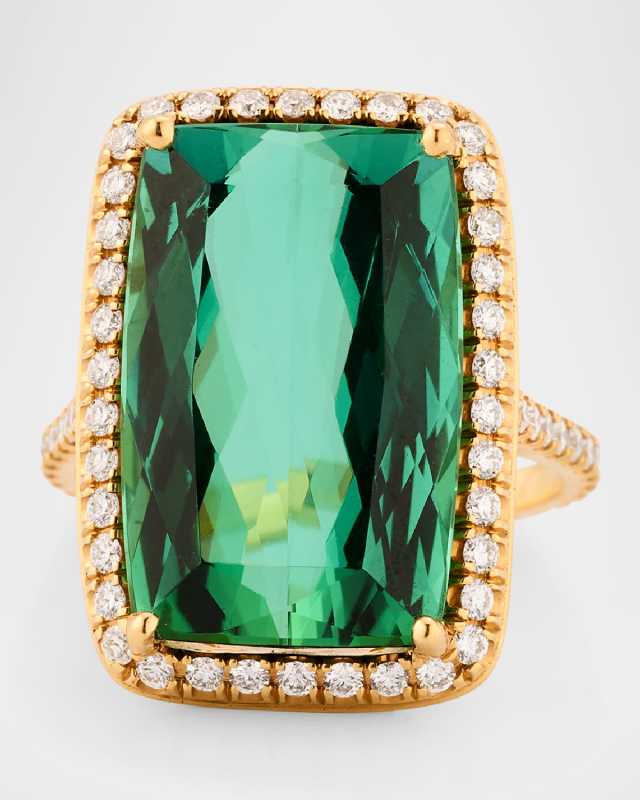 Colors 18K Yellow Gold Emerald-Cut Green Tourmaline and Diamond Halo Cocktail Ring, Size 6