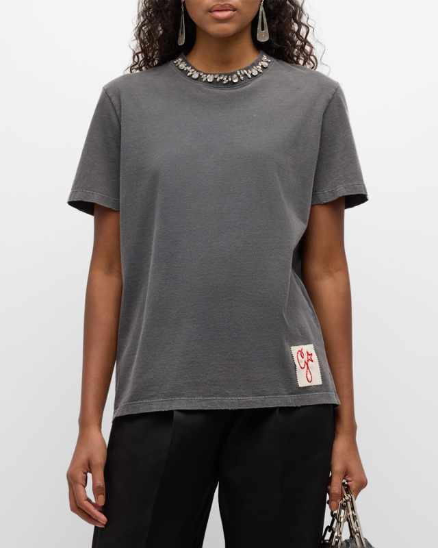 Distressed Crystal Embroidered Crewneck Tee