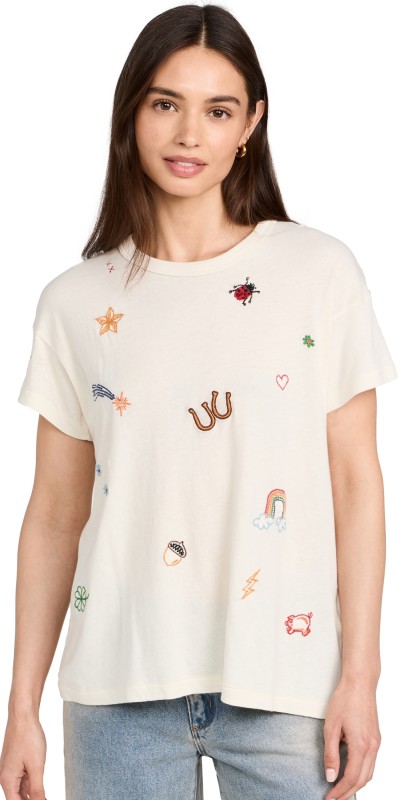 THE GREAT. The Boxy Crew with Charm Embroidery Washed White