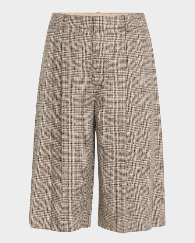 Wide-Leg Wool-Blend Plaid Shorts