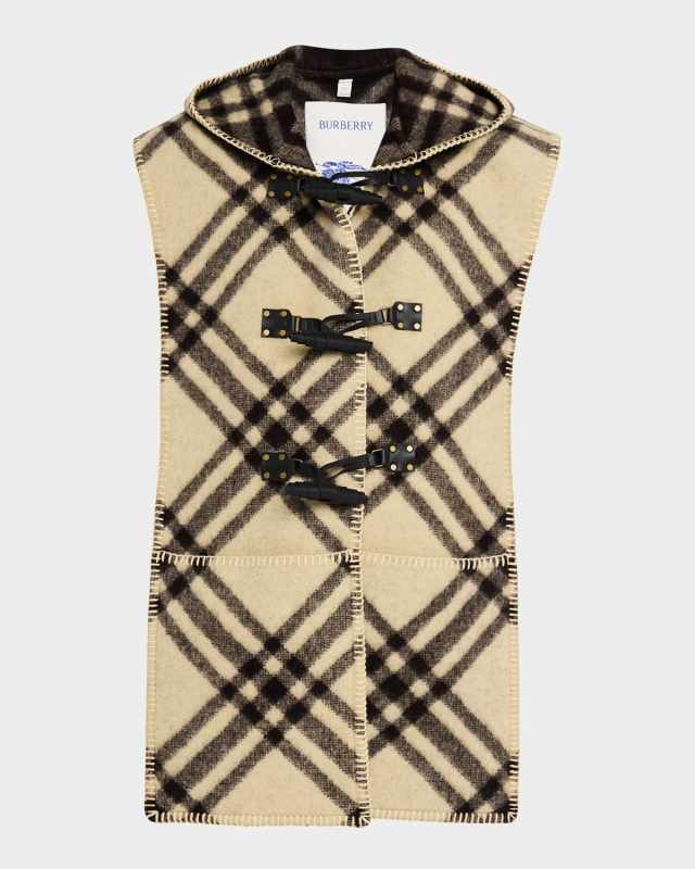 Calf Leather Check-Print Hooded Cape