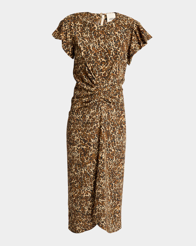 Terena Cheetah Print Ruched Silk Midi Dress