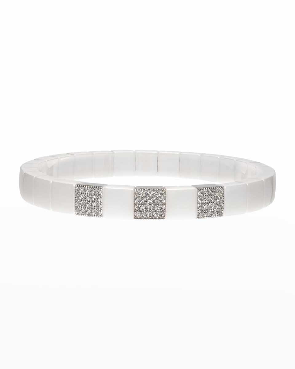 White Gold and White Ceramic Scacco Stretch Bracelet with Three Diamond Section