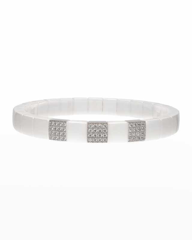 White Gold and White Ceramic Scacco Stretch Bracelet with Three Diamond Section