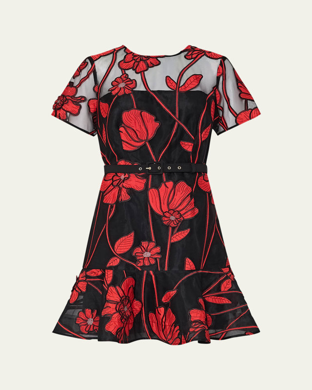Rosie Belted Floral-Embroidered Mini Dress