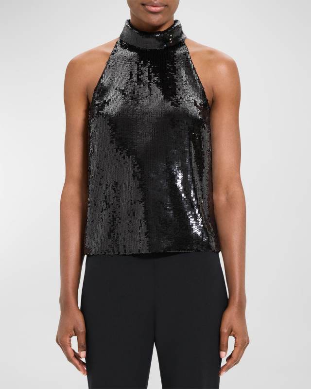 Sequin Roll-Neck Halter Top