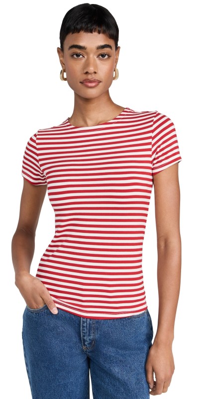 L'AGENCE Ressi Crew Neck Stripe Tee Red/White Stripe