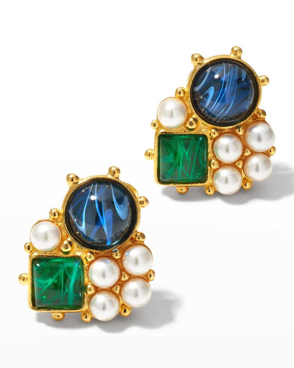 Gold Stone and Pearly Cluster Earrings