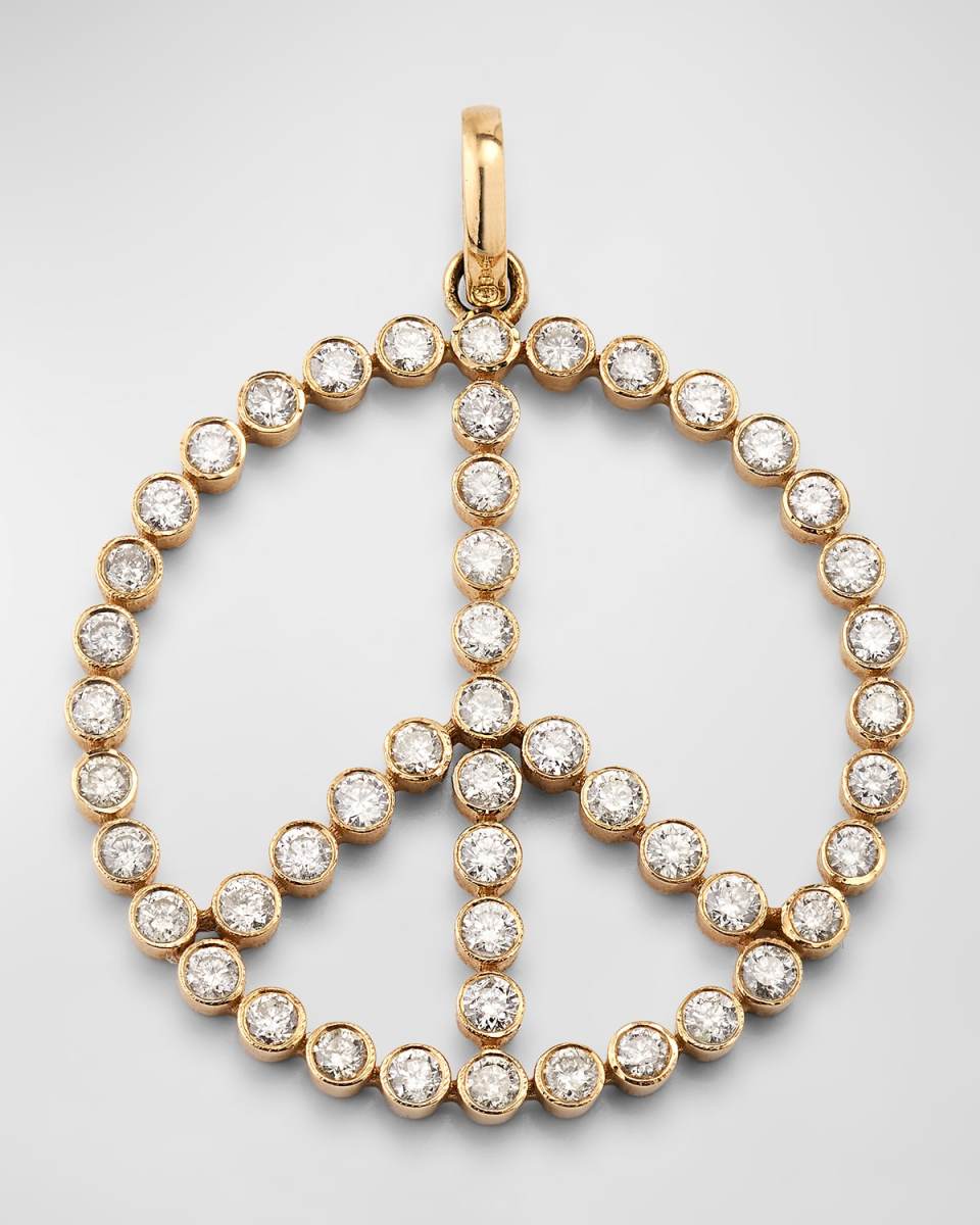 14K Yellow Gold Large Peace Sign Bezel Diamond Pendant