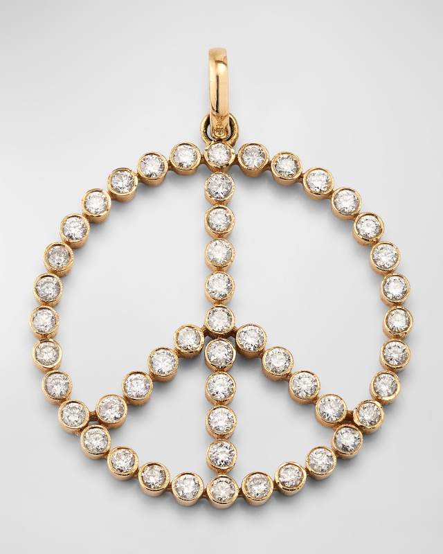 14K Yellow Gold Large Peace Sign Bezel Diamond Pendant