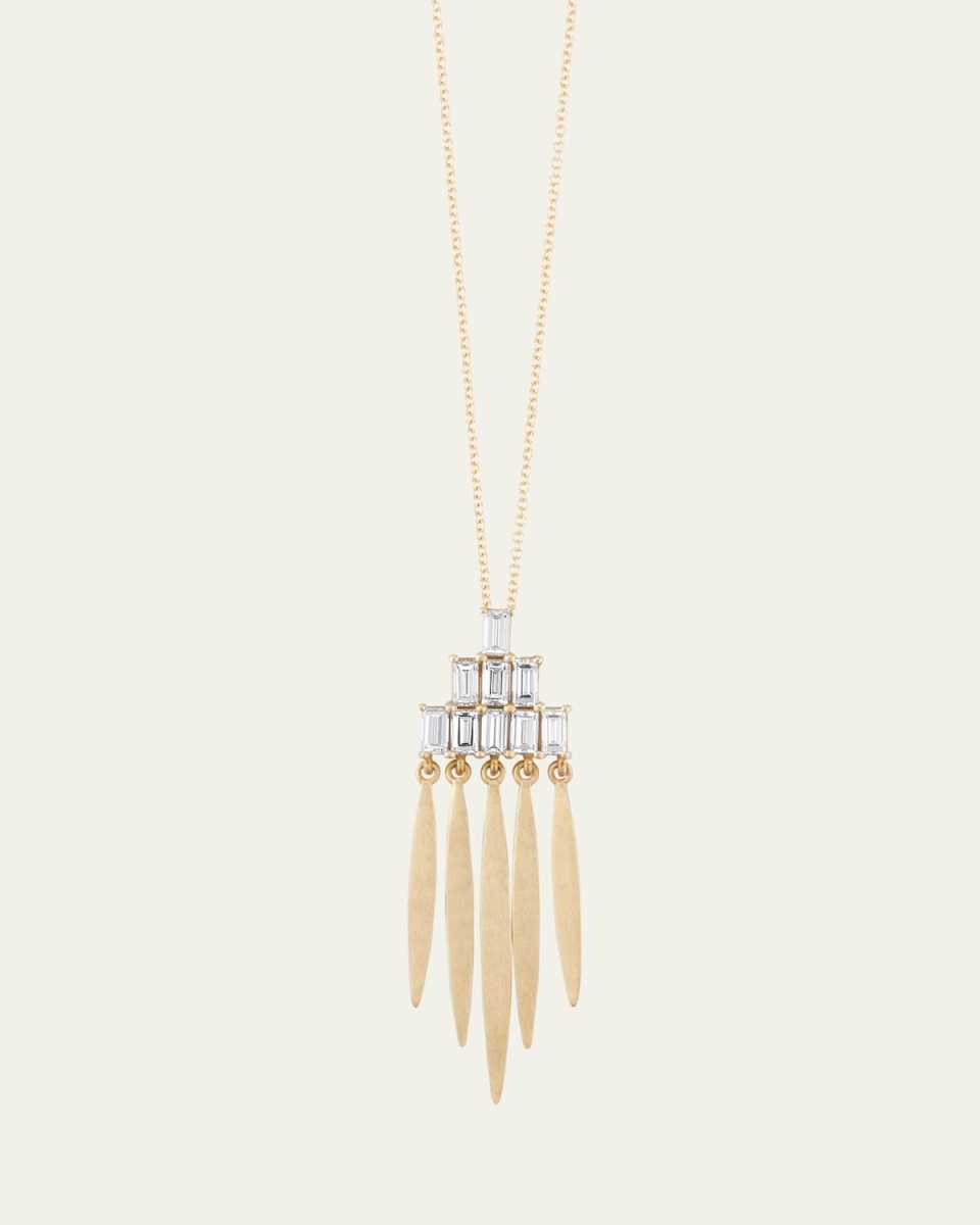 18K Yellow Gold Grass Spike Pendant Necklace with White Diamond Baguettes