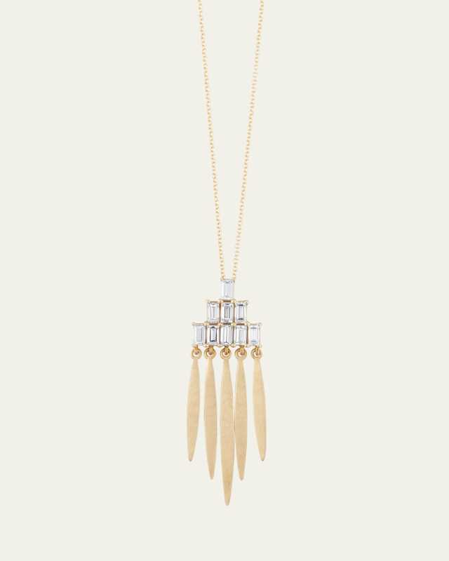 18K Yellow Gold Grass Spike Pendant Necklace with White Diamond Baguettes