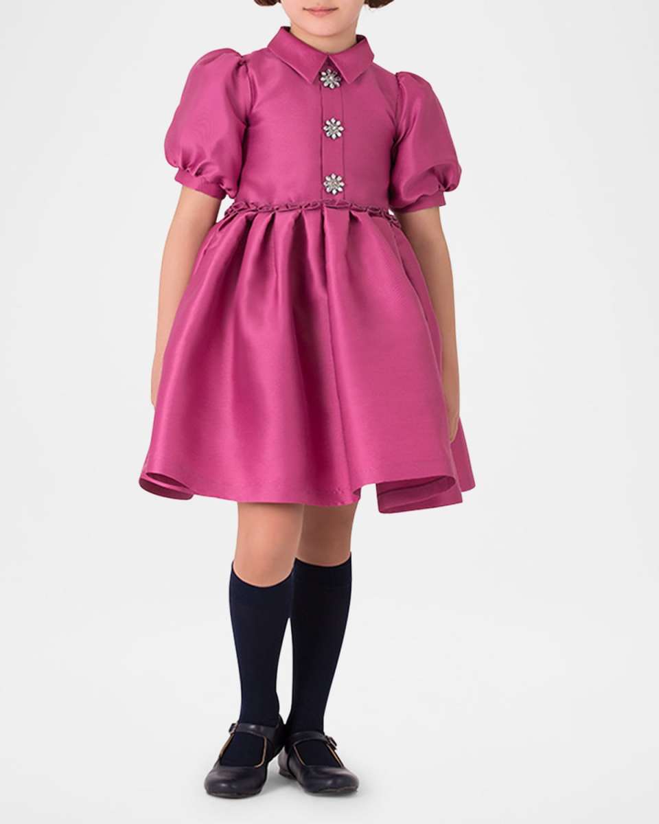 Girl's Enchanting Brooch Puff Sleeve Dress, Size 3T-12