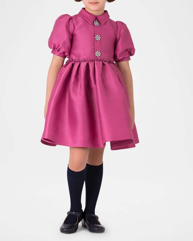 Girl's Enchanting Brooch Puff Sleeve Dress, Size 3T-12