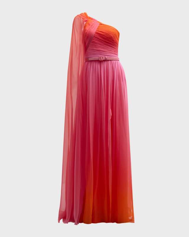 Miami Gradient Chiffon One-Shoulder Cape Gown