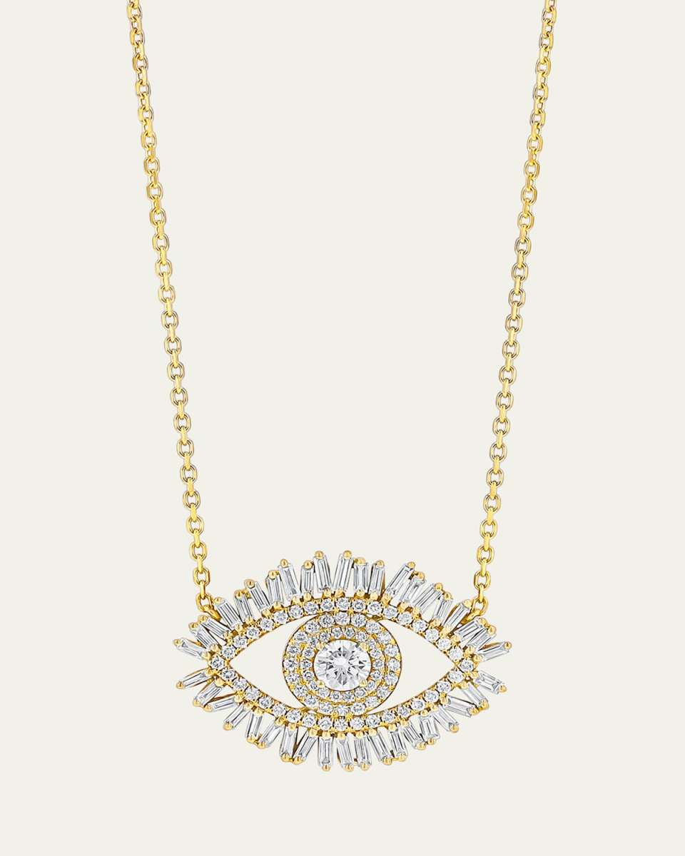 18K Yellow Gold Large Fireworks Evil Eye Necklace with Diamonds