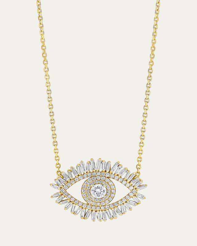 18K Yellow Gold Large Fireworks Evil Eye Necklace with Diamonds
