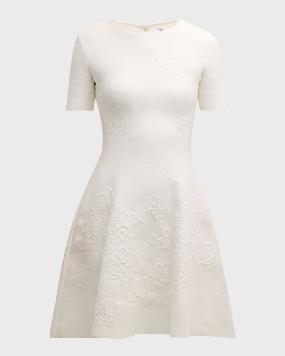 Short-Sleeve Orchid Jacquard Fit-&-Flare Mini Dress