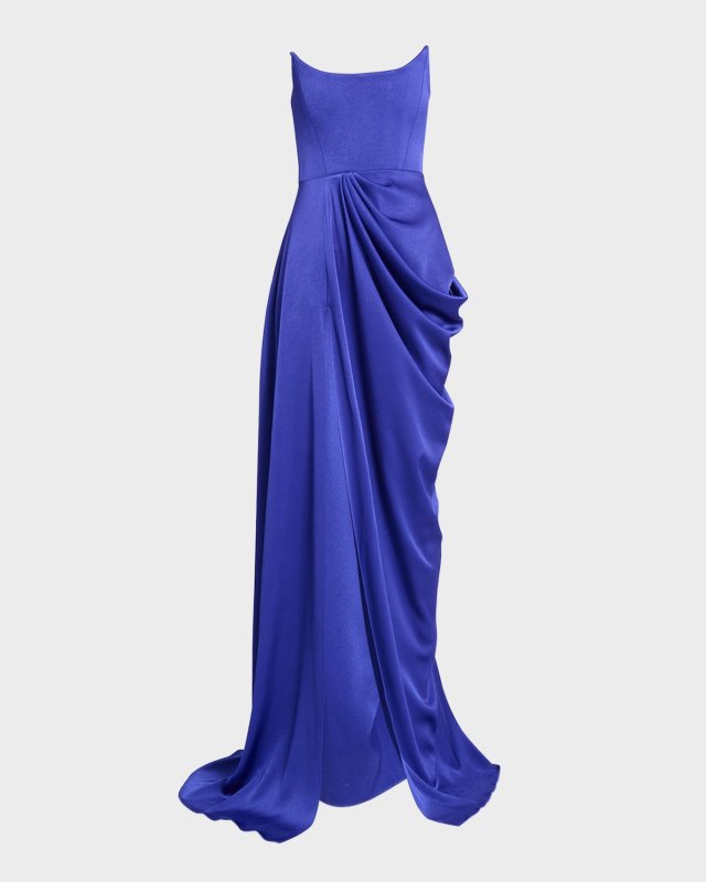 Curved Strapless Satin Crepe Drape Gown