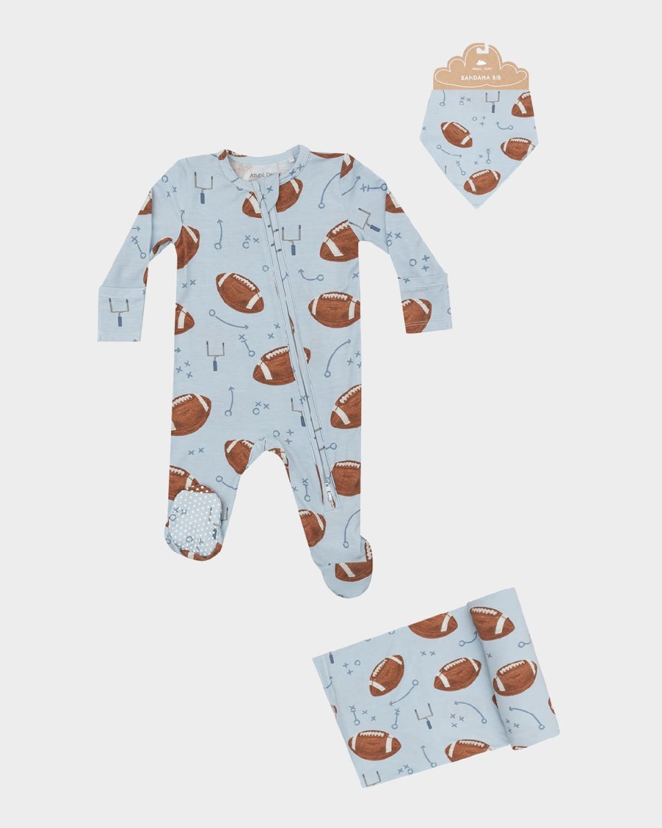Boy's Football-Print Footie W/ Swaddle Blanket & Bandana Bib Set, Size Newborn-9