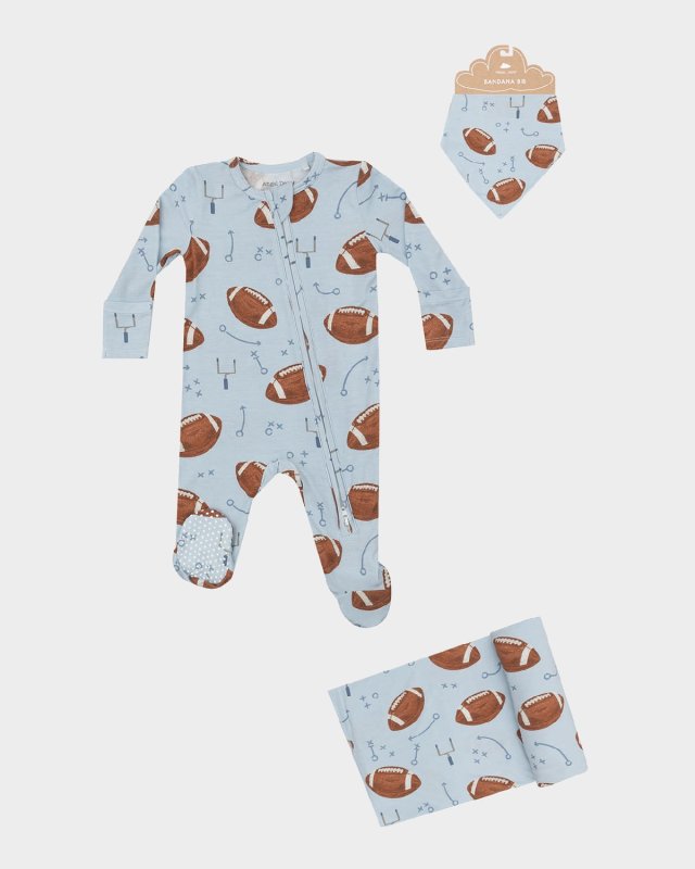 Boy's Football-Print Footie W/ Swaddle Blanket & Bandana Bib Set, Size Newborn-9