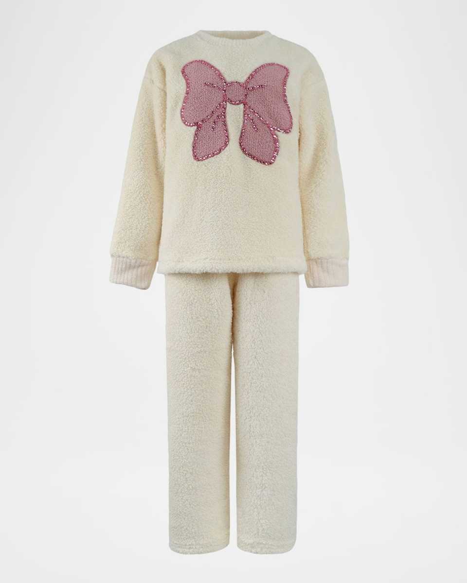 Girl's Big Bow Embellished Fuzzy Set, Size 2-14
