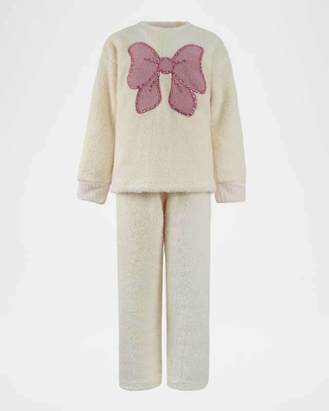 Girl's Big Bow Embellished Fuzzy Set, Size 2-14