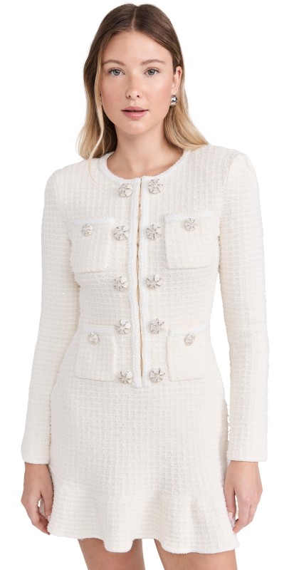 Self Portrait Cream Buttoned Knit Mini Dress Cream