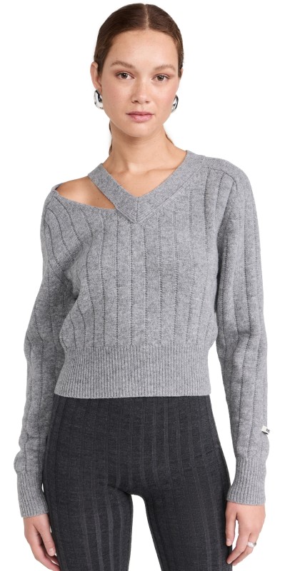 RECTO Bold Rib Slit Detail V Neck Sweater Melange Grey