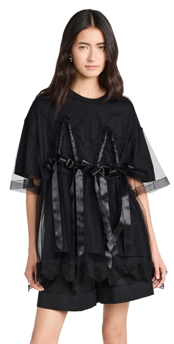 Simone Rocha Net Overlay T-Shirt with Ruched Bow Black