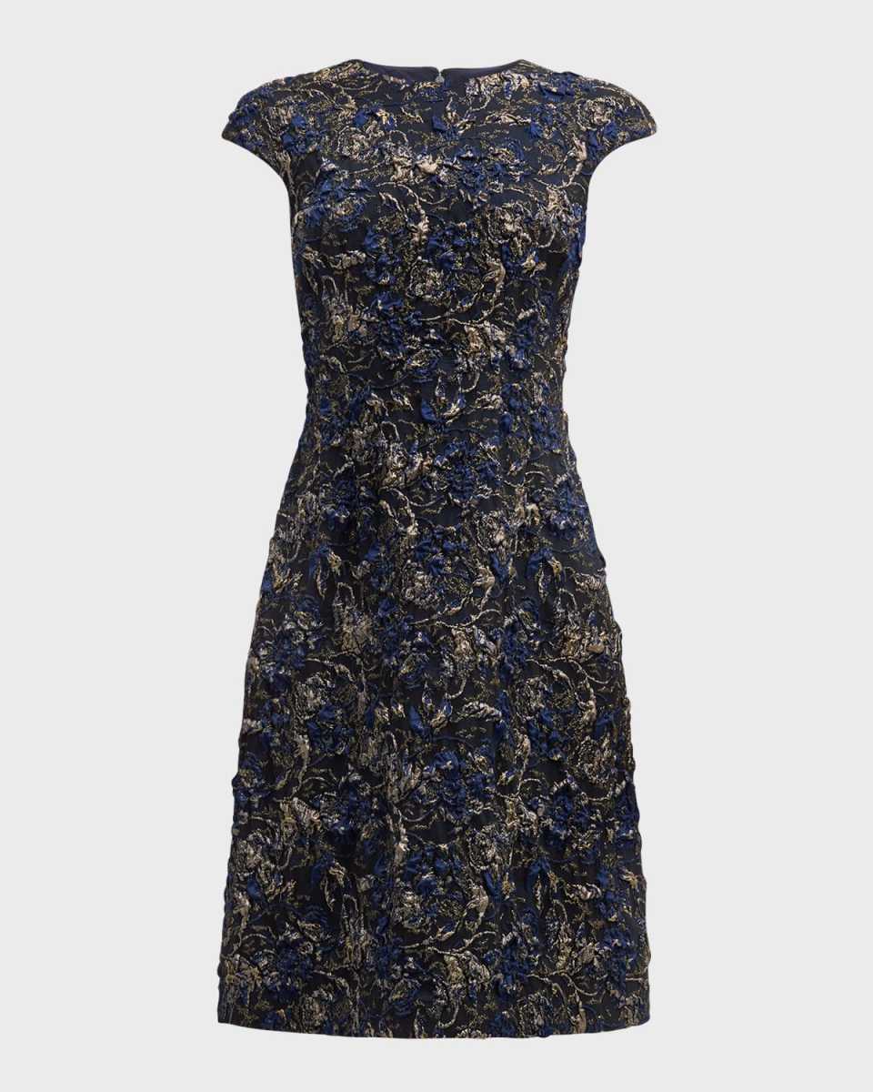 Cap-Sleeve A-Line Floral Jacquard Midi Dress