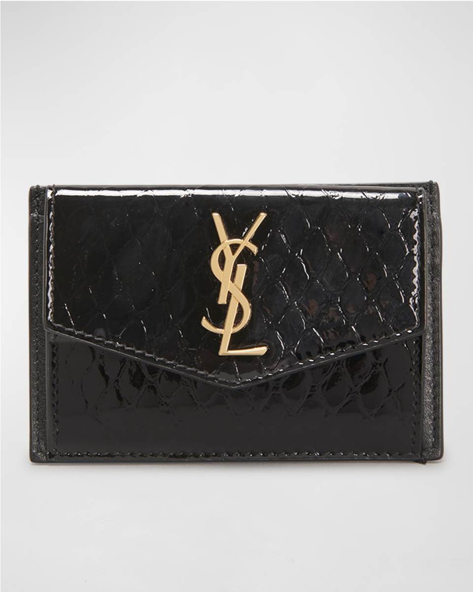 YSL Monogram Envelope Flap Card Case in Python-Embossed Leather