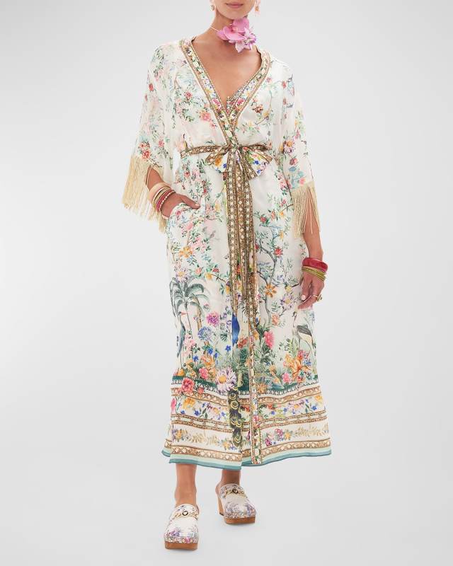 Plumes and Parterres Kimono Wrap Layer with Macrame Fringe