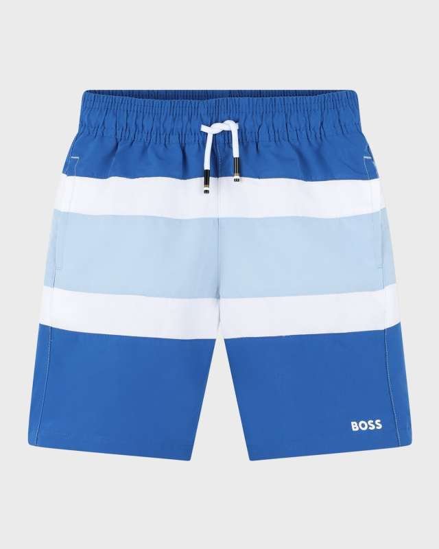 Boy's Striped Logo-Print Swim Trunks, Size 14-
