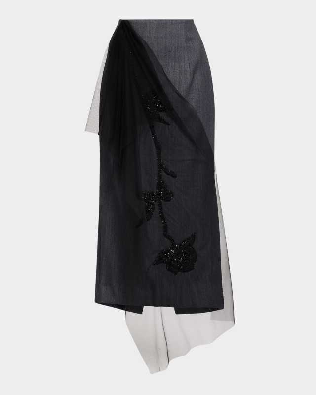 Thalia Beaded Tulle Drape Midi Skirt