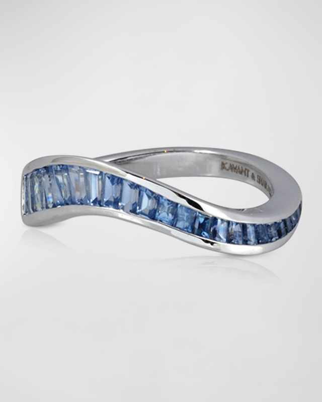 18K White Gold and Blue Sapphire Wavy Ring