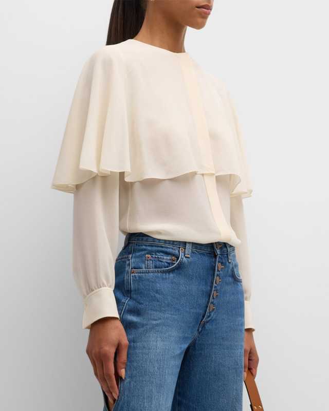 Silk Georgette Button-Front Blouse with Shawl Overlay