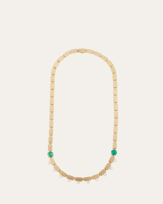 18K Yellow Gold River Dew Necklace with White Diamonds and Emeralds