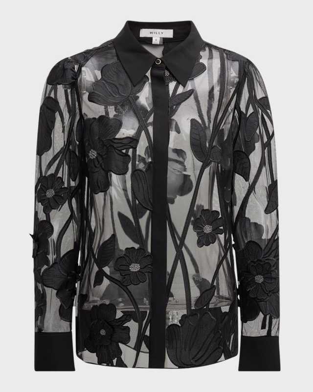 Ashton Sheer Floral-Embroidered Top