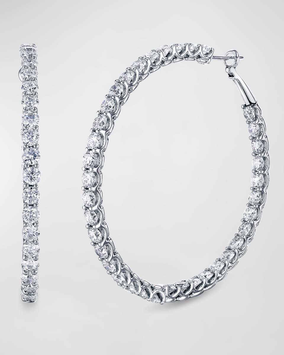 18K White Gold Round Diamond Medium Wire Cup Hoop Earrings, 2"L, 11.10tcw