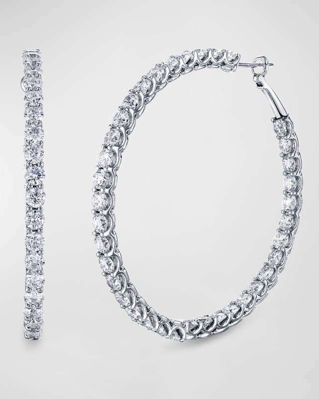 18K White Gold Round Diamond Medium Wire Cup Hoop Earrings, 2"L, 11.10tcw